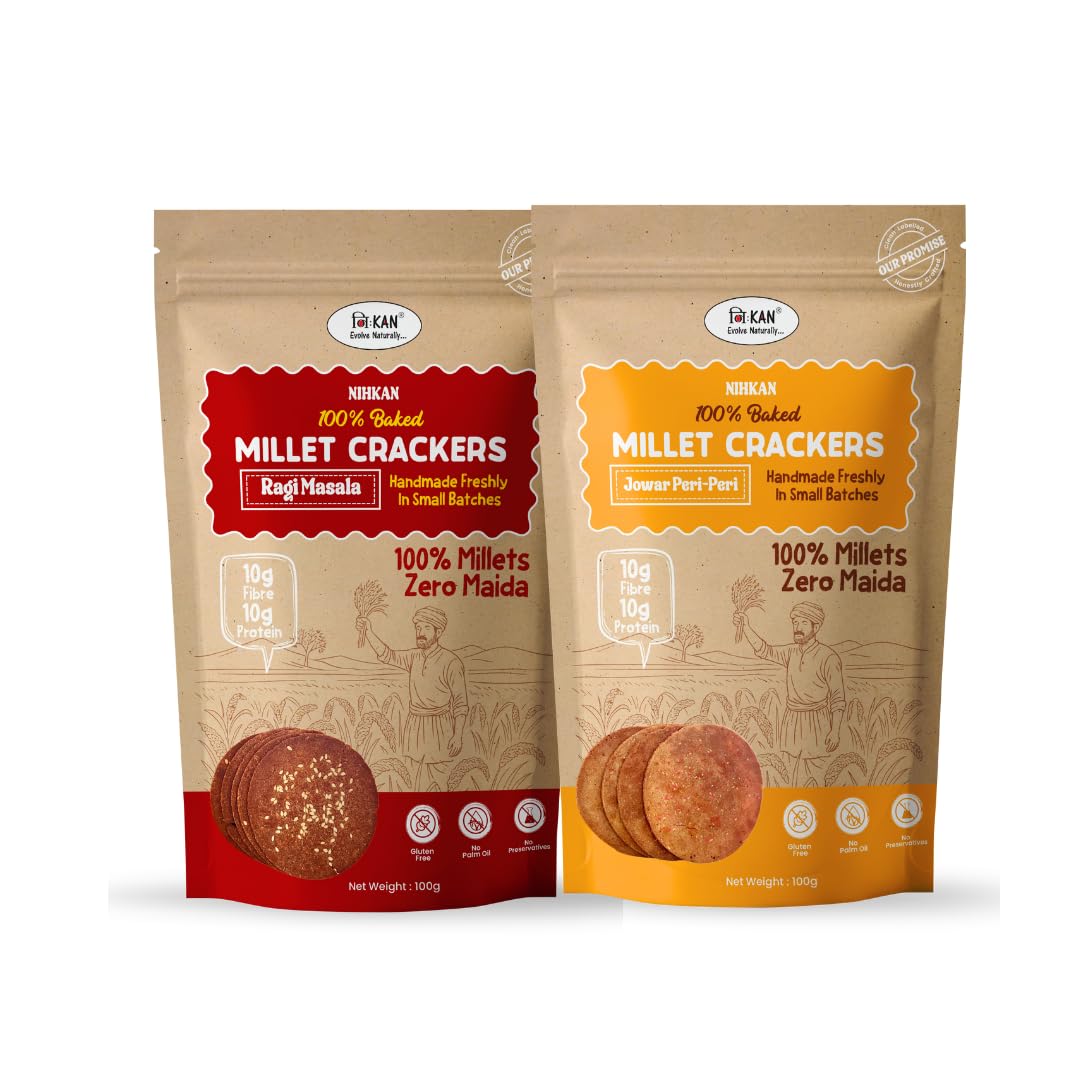 NIHKAN Millet Crackers (Ragi Masala & Jowar Peri Peri Combo) - Gluten free | No Maida | High protein | High Fibre - Handmade & baked | Healthy Millet snack | Chai time guilt free snacks - No Preservatives & No Baking soda - 100g each-image-29