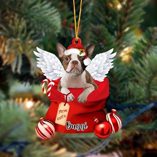 Regalo personalizado de ángel de perro Boston Terrier 2 de Papá Noel, adorno de Navidad personalizado, nombre de perro personalizado, adorno de