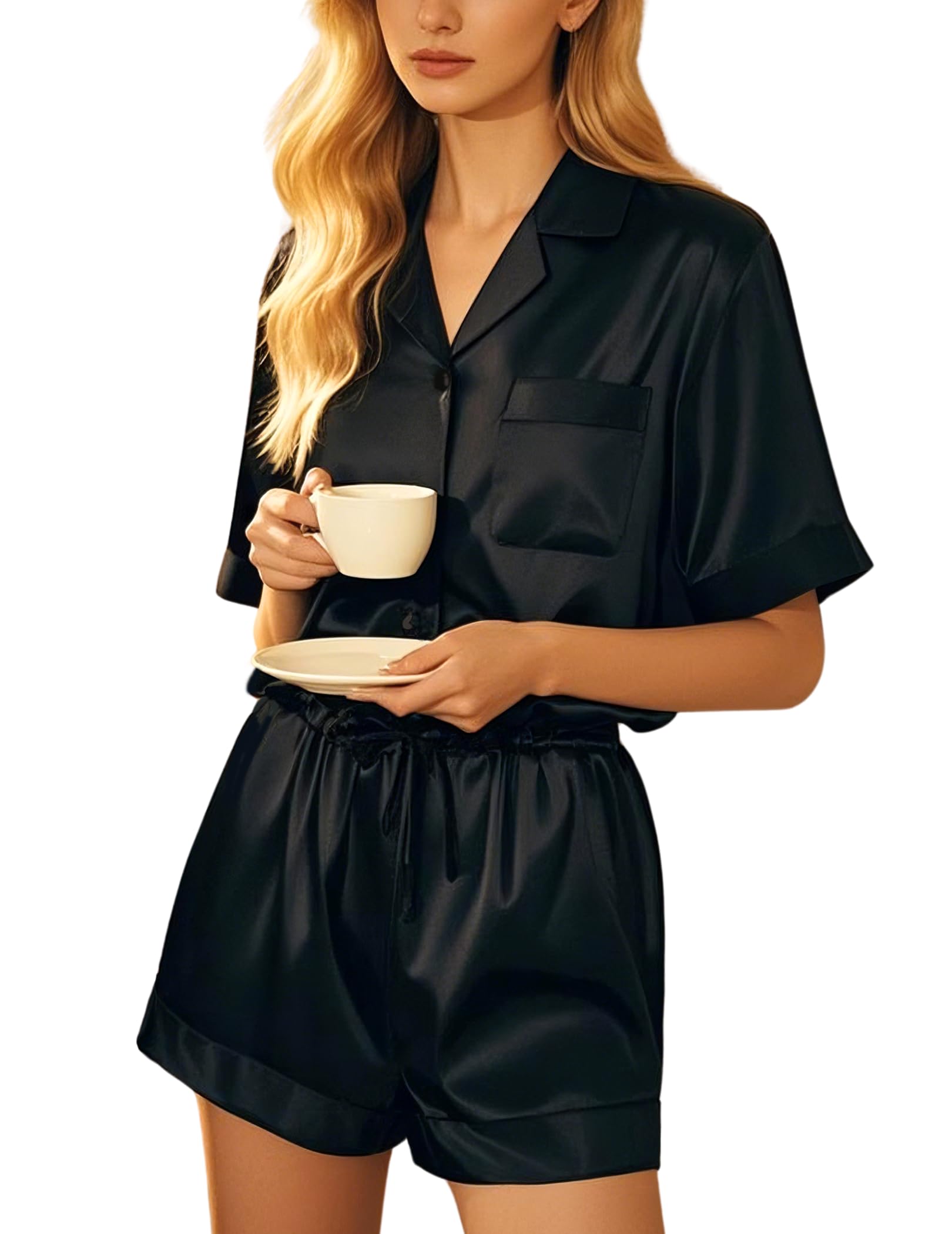 Girece Satin Pajama Set for Women Sexy 2 Piece Short Sleeve Lounge Set Silk Lingerie Button Up Pjs Cute Soft Sleepwear