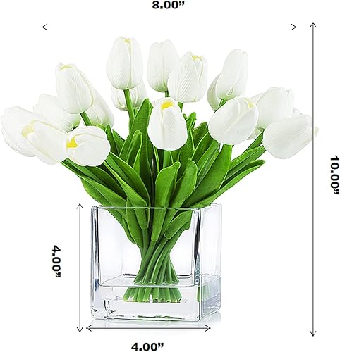 Miniatura 4 de ENOVA HOME 20 arreglos florales de tulipanes artificiales de tacto real en cubo de vidrio con agua sintética para decoración del hogar y la oficina