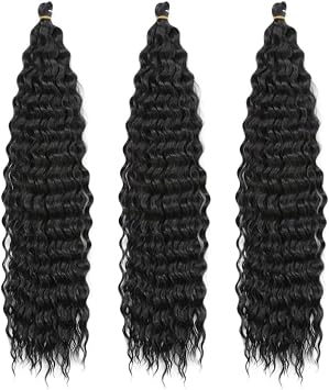 22 Inch 3 Packs Deep Twist Crochet Hair Ocean Wave Curly Bohemian Crochet Braids Deep Wave Hair Bundles Synthetic Hair Extensions for Women Girls 1B#