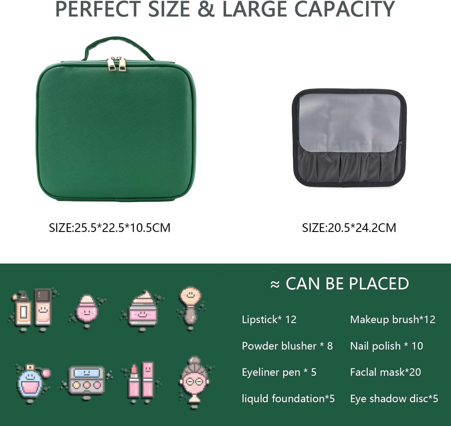 Makeup Bag with Led Mirror,with 3 Color Setting & 10x Magnifying Mirror, Portable Storage and Adjustable Dividers Travel Makeup Bag,for Women and Makeup Artists Large Makeup Cases-Dark Green