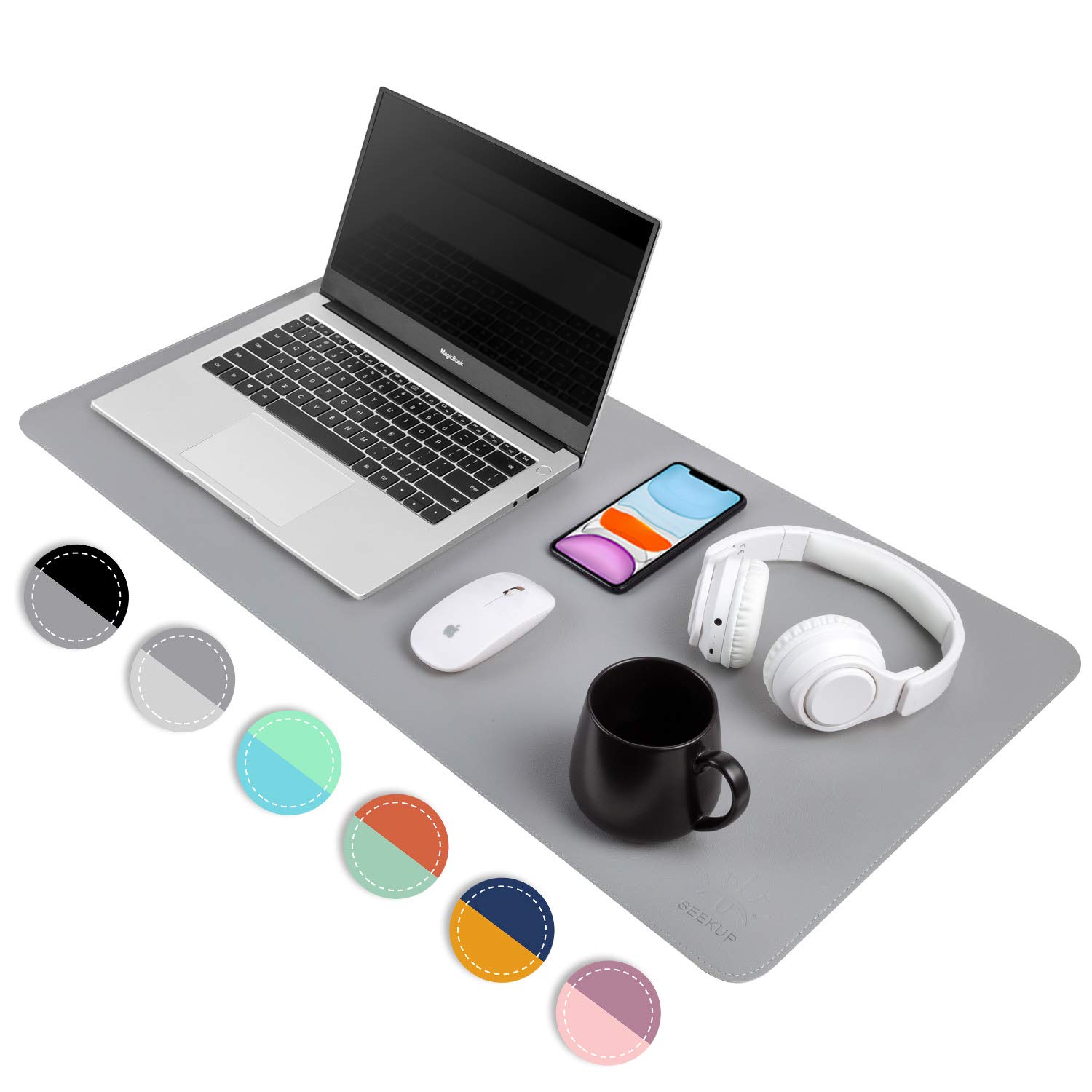 Gray/Silver Dual Sided PU Leather Desk Pad, Upgraded Sewing Laptop Mat, Waterproof Large Mouse Pad, Non-Slip Writing/Painting Mat Desk Blotter Protector for Office/Home 31.5"x15.8" (80x40cm)