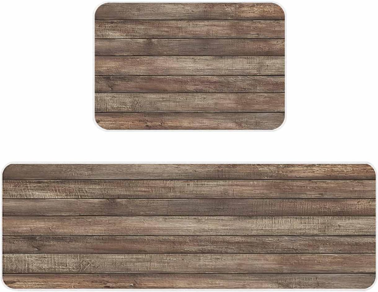 Brown Wood Grain Kitchen Rugs Set of 2 Realistic Wooden Board Texture Farmhouses Comfort Standing Mats Washable Cushioned Non Slip Kitchen Runner Rugs Set for Home Floor Sink Laundry Office