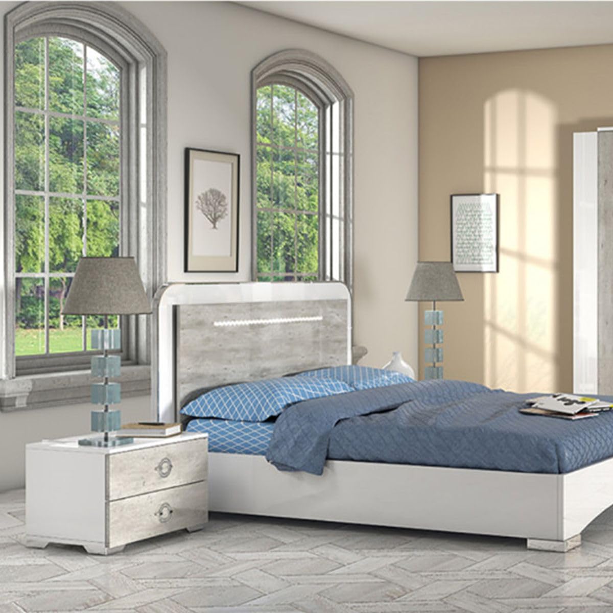 AltoBuy Goya - Ensemble Lit 160x200cm + 2 Chevets + Armoire