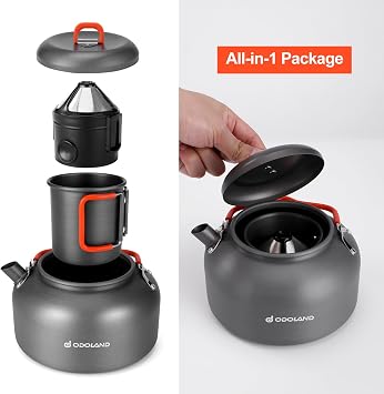 Odoland 1.2L Camping Coffee Pot Camp Coffee Makers, Mug and Coffee Filter | Camping Kettle, of Camp Cookware, for Hiking Backpacking and Picnic