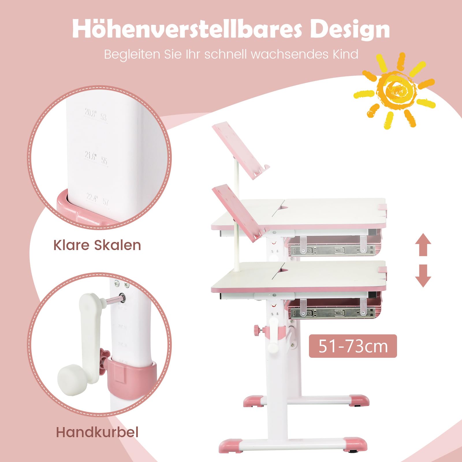 COSTWAY Kinderschreibtisch 51-73cm Höhenverstellbar, Schülerschreibtisch mit neigbarer Tischplatte, Bücherständer, Schublade & Messlineal, ergonomischer Jugendschreibtisch für 3-12 Jahre Kinder (Rosa)