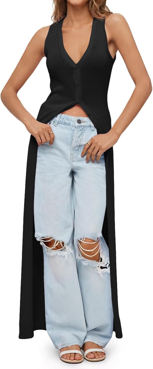 Saodimallsu Womens Long Cardigans Sleeveless V Neck Button Lightweight Knit Duster Vest Top Beach Cover Up