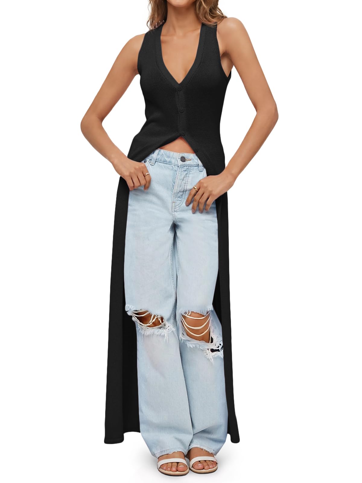 Womens Long Cardigans Sleeveless V Neck Button Lightweight Knit Duster Vest Top Beach Cover Up-image-42