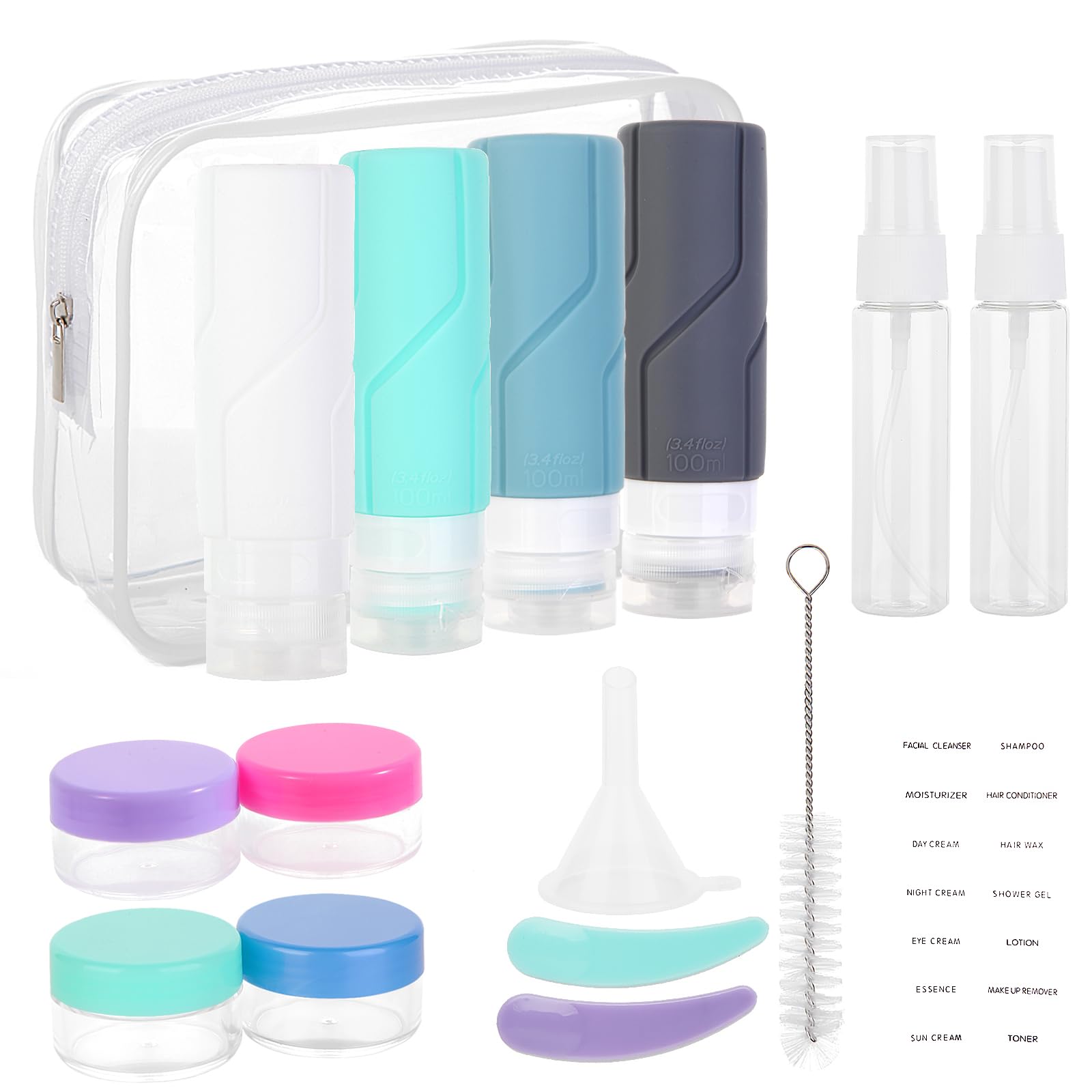RBEIKTravel Bottles Set for Toiletries, 16 Pack Leak Proof 3.4oz/100ml Silicone BPA Free Refillable Container Squeezable Bottles Kits for Shampoo Lotion Body Wash and TSA Approved Travel Accessories