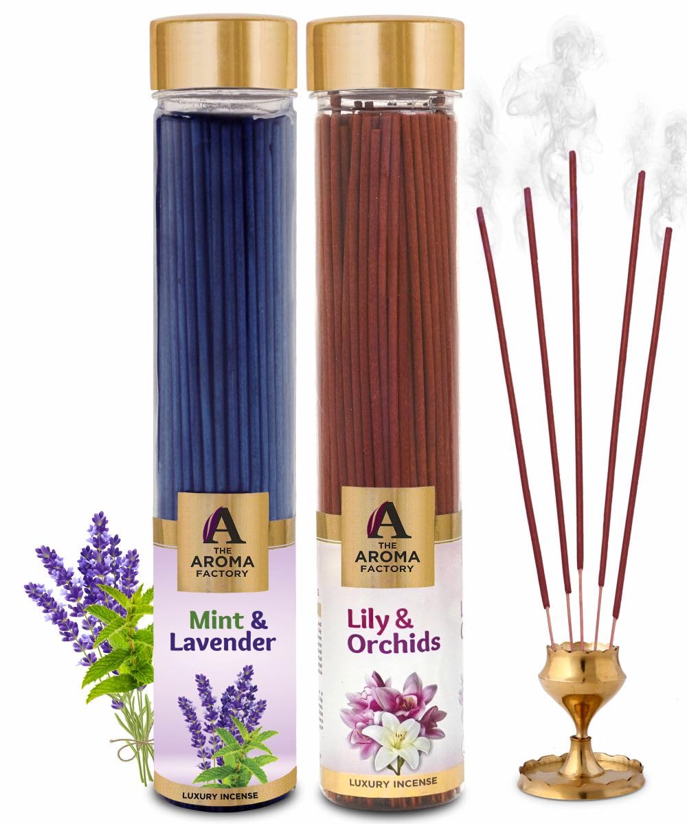The Aroma Factory Varitas de incienso orgánicas de menta y lavanda, lirio y orquídea (hierbas Agarbatti para Pooja) 0% carbón, 0% azufre, 2 botellas de 100 g