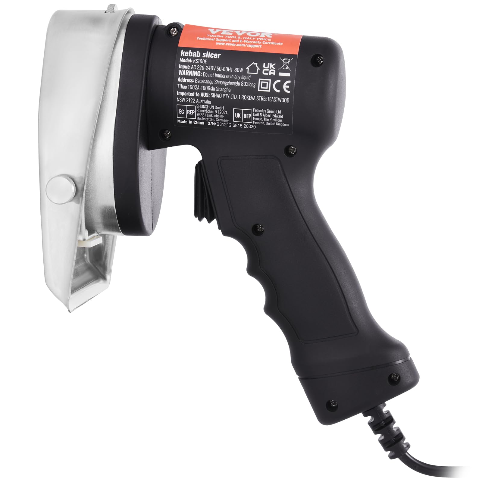 VEVOR Elektrisches Schawarma-Messer, 80 W, Türkisches Kebab-Messer, Kommerzieller Gyro-Schneider aus Edelstahl, Döner-Kebab-Fleischschneider mit 2 Klingen, 100 mm Klingendurchmesser