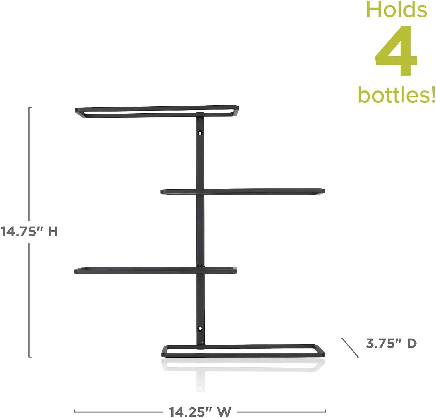 True Align Wall-Mounted Wine Rack, Black Wrought Iron, Minimalist Modern Wine Display, Alcohol Storage Solution, Holds Four Standard Wine Bottles, 14.75" x 14.25" x 3"