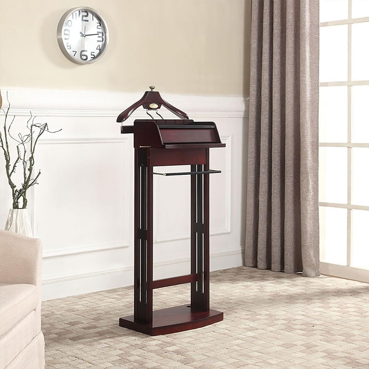 Solid Wood Mens Valet Stand with Top Tray & Drawer, Suit Hanger Butler Clothing Racks with Base, Trouser Rack and Tie Rack for Home Office Hotel