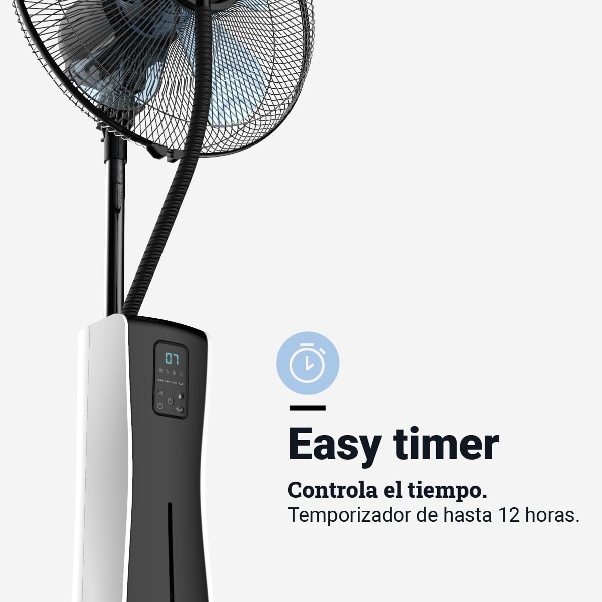 UNIVERSALBLUE Ventilador Humidificador Potente | Ventilador Nebulizador de Agua | Con Ruedas | Mando a Distancia | 3 Velocidades | Silencioso | Temporizador 12h | 5 Aspas | Blanco y Negro