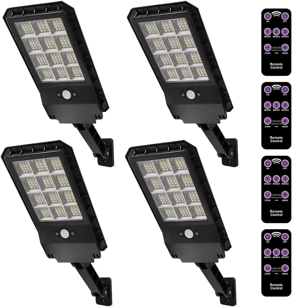 Solar Street Lights 144 LED Solar Parking Lot Lights Remote Control Street Lights Solar Powered Motion Light Dusk to Dawn Solar Security Flood Light for Street Gutter Porch Garage Driveway-4 Pack