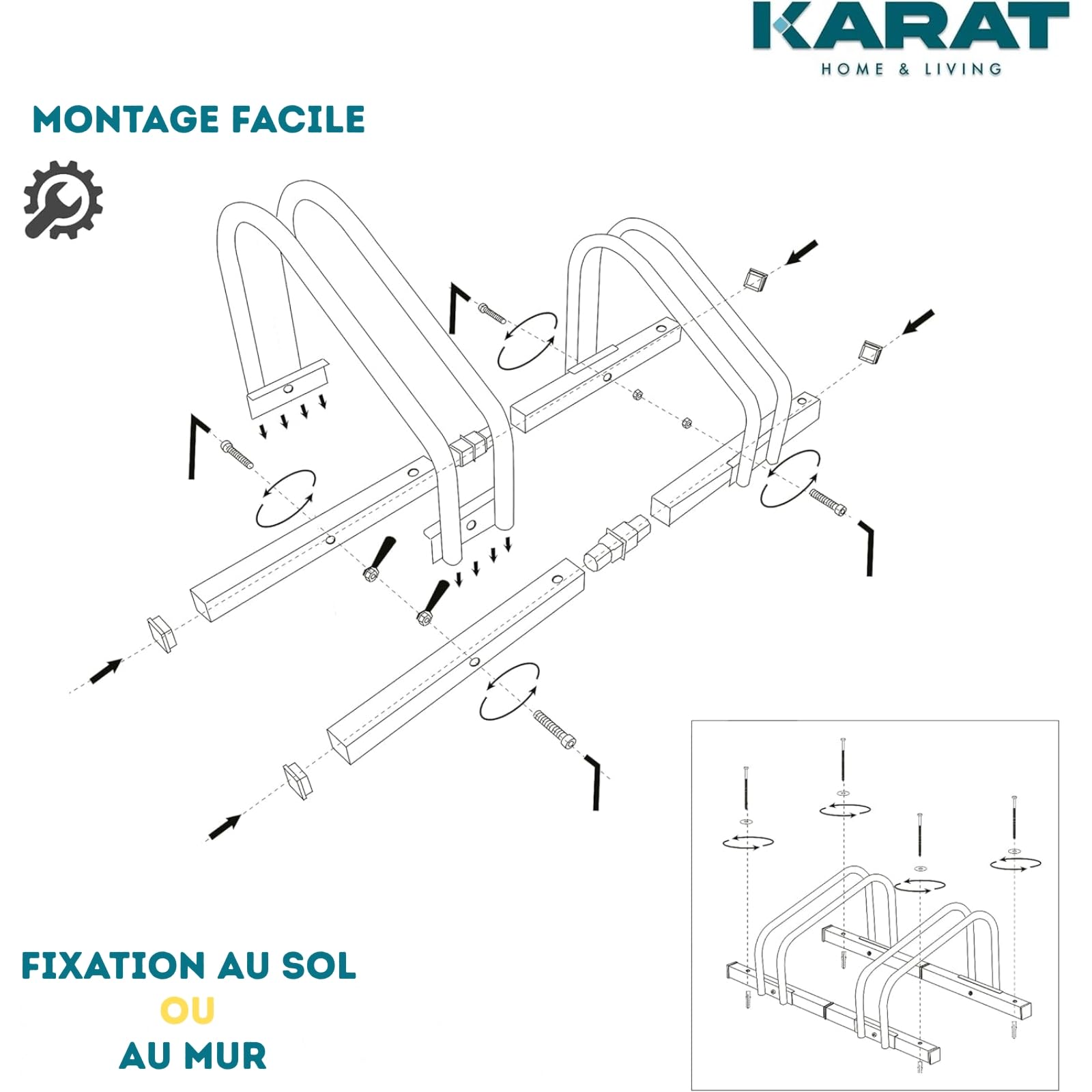 KARAT Rastrelliere per bicicletta in acciaio inox Linus per fino a 6 biciclette con pneumatici fino a 55 mm di larghezza, montaggio a terra o a parete, parcheggio per biciclette per esterni (argento