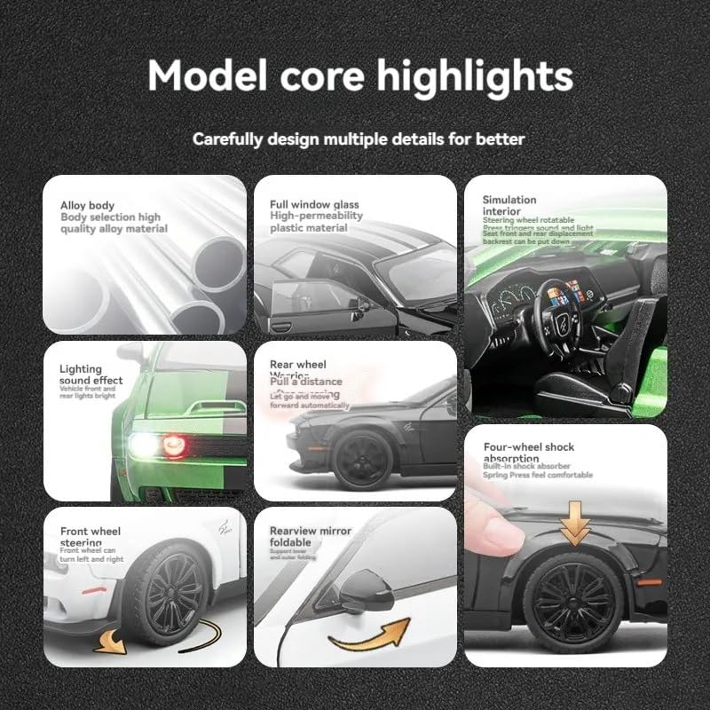 Image of 1:24 Scale Dodge Challenger SRT Toy Car | Metal Pullback Diecast Car for Kids with Openable Doors, Sound, Light Effects Toy for Car Enthusiasts (Color As Per Available),black