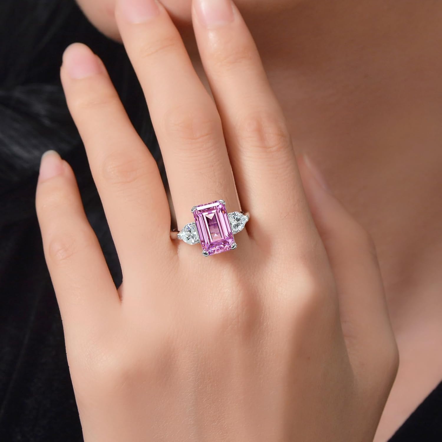 5Ct Engagement Ring for Women, 925 Sterling Silver Emerald Cut Simulated Diamond 5A Cubic Zirconia Three Stone Wedding Promise Ring