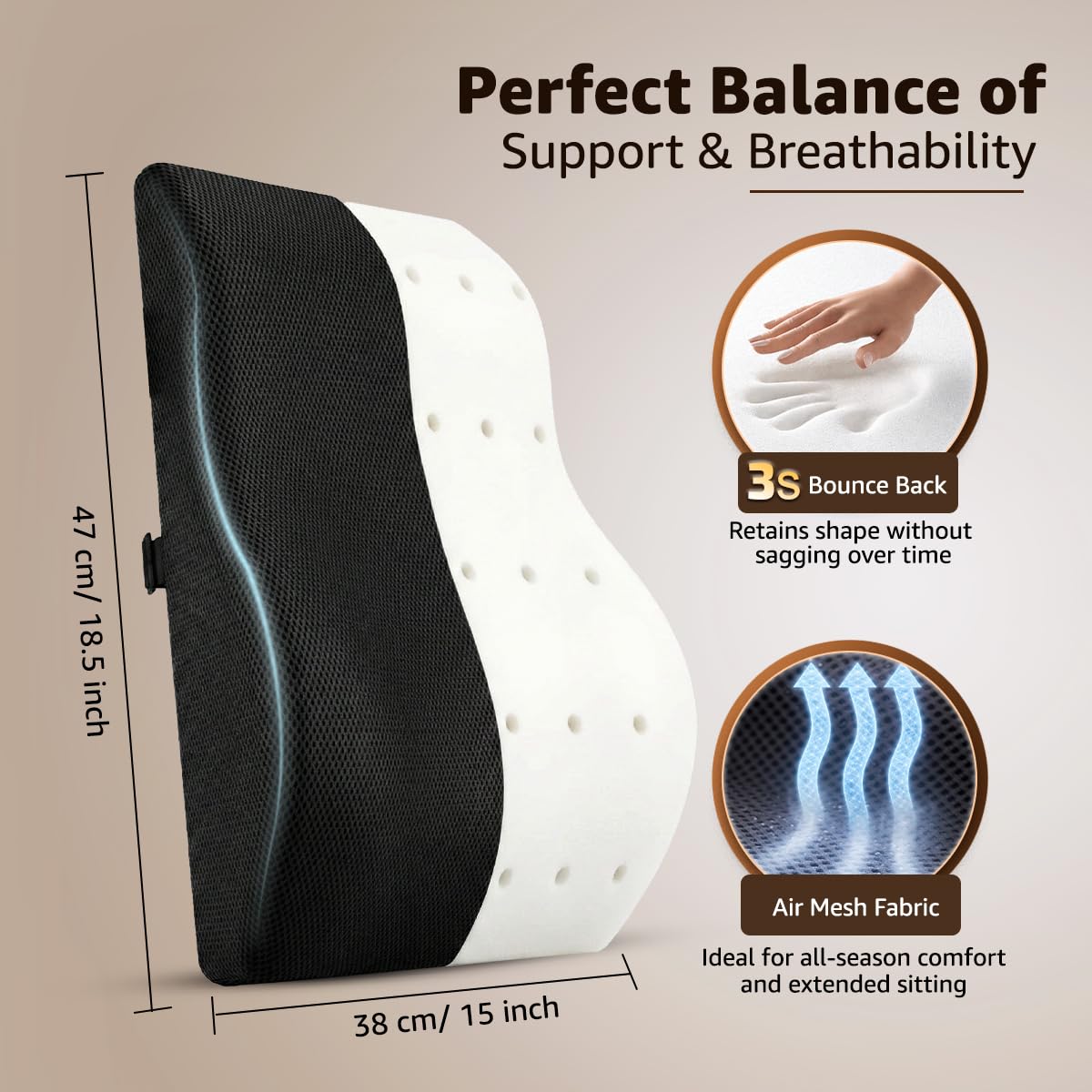 Amazon Basics Backrest, Fabric Lumbar Support Orthopedic Pillow, Portable|Promotoes Posture Alignment, Back Pain Relief - 6 Months Warranty|Mesh - Black, Large 1