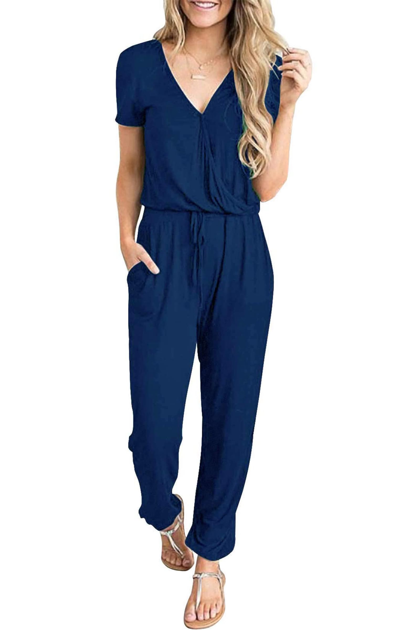Tutina da donna salopette da donna casual a maniche corte con cintura regolabile con tasche