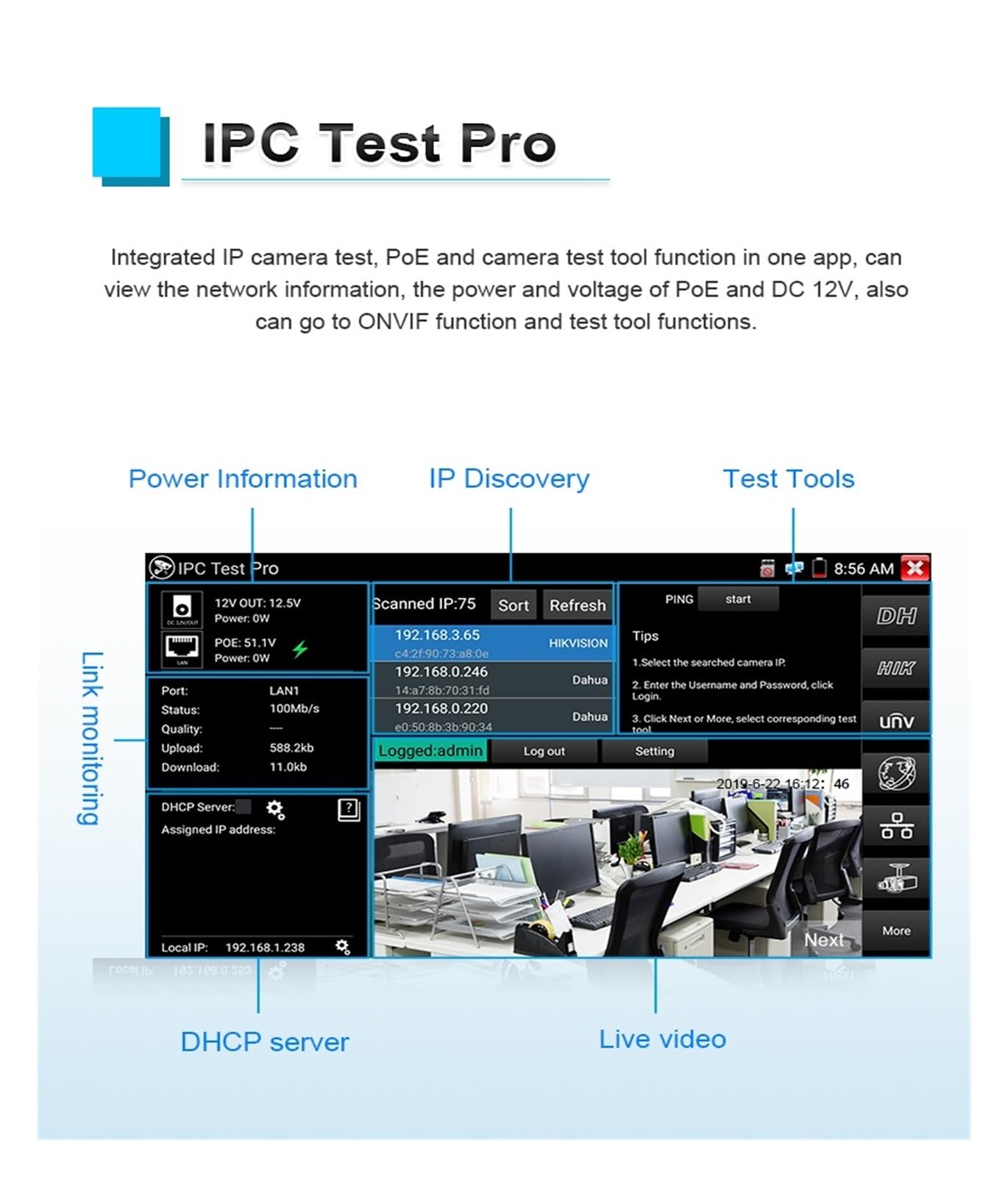 CCTV-Tester, 4K CCTV Monitor Tester IPC5200C IP Kamera Analog Video Überwachung PoE RJ45 TDR Kabel Test(IPC-5200 Plus)