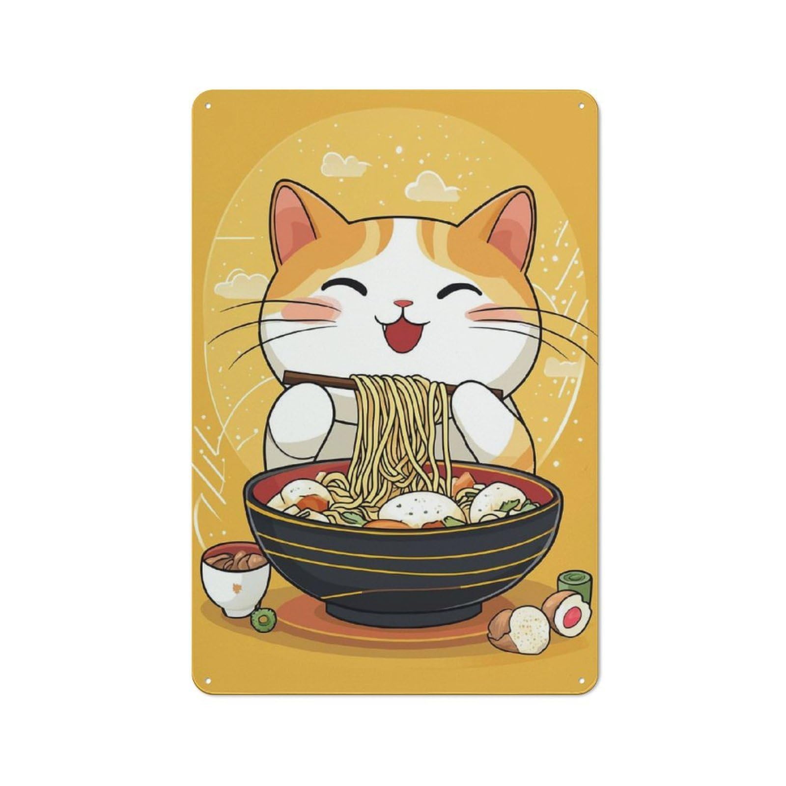 Junmoney Style-11 Vintage Tin Sign 30X20cm With Cute Cat Eating Ramen For Hobby Room Or Studio, For Metal Sign Collectors, For Garage And Workshop Walls