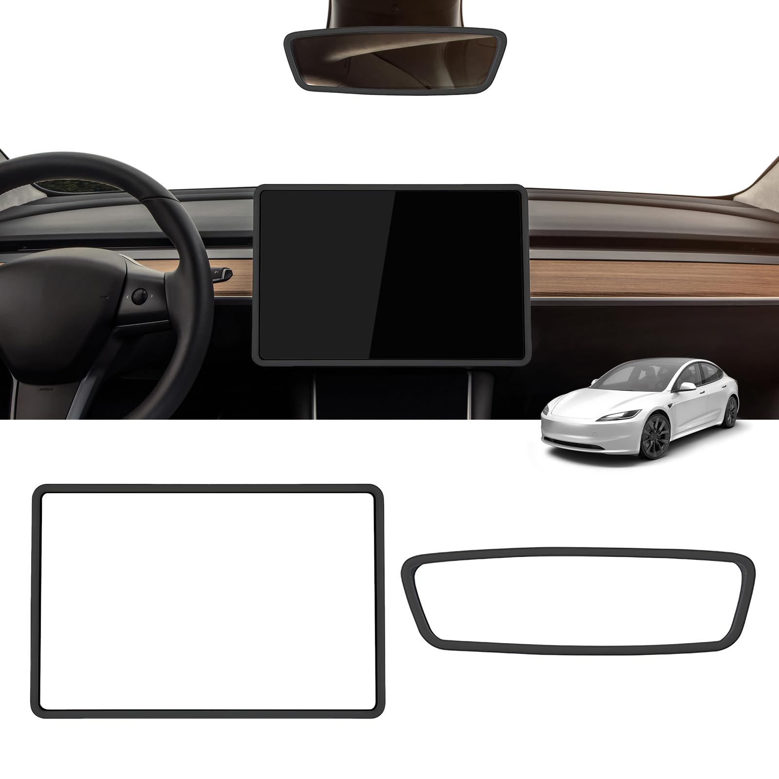 – 2PCS Soft Silicone Screen Edge Protector Frame Compatible with 2024-2026 Tesla Model 3 Highland / 2025-2026 Model Y Juniper - Interior Accessories Trim for Center Console Display & Rear View Mirror