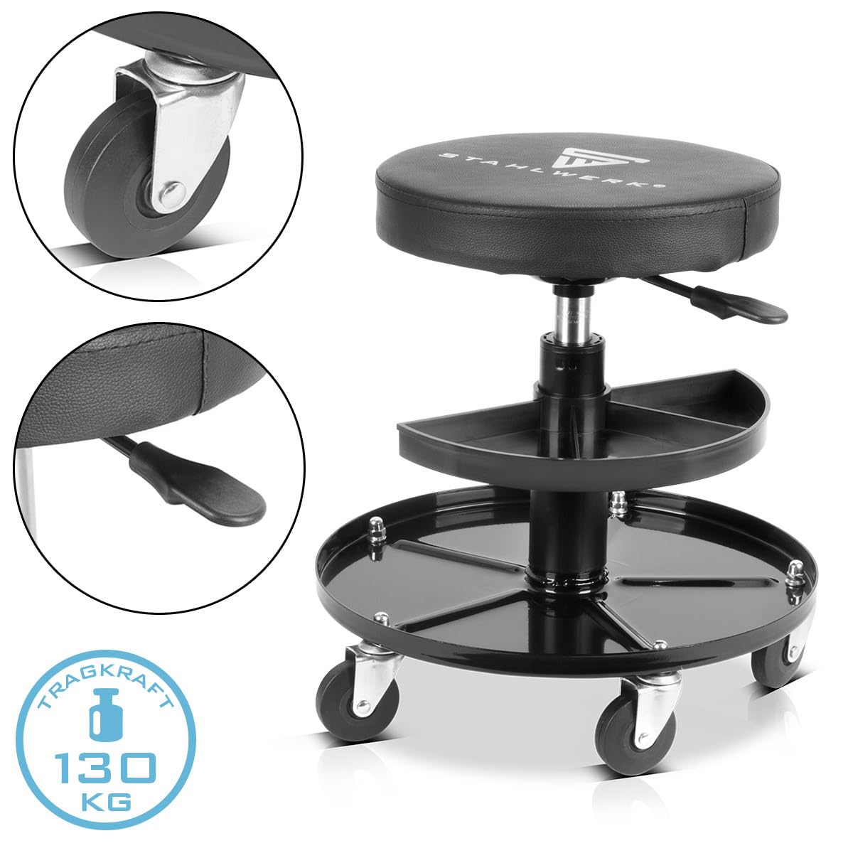 STAHLWERK WRH-295 ST Tabouret d'atelier pivotant avec roulettes pivotantes et compartiments de rangement réglables en hauteur Capacité de charge de 130 kg