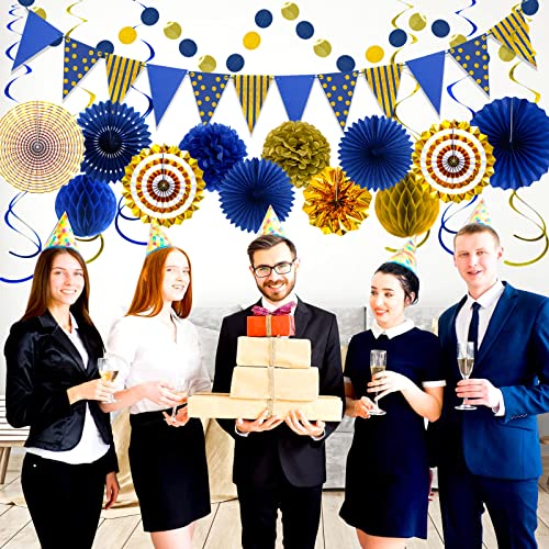 Image of Blue Gold Party Decorations, Graduation Season Hanging Glitter Triangle Flags Banner Paper Fan Tissue Pom Poms Garlands, Boy Men Party, Bridal Shower, Navy Blue Themed Birthday