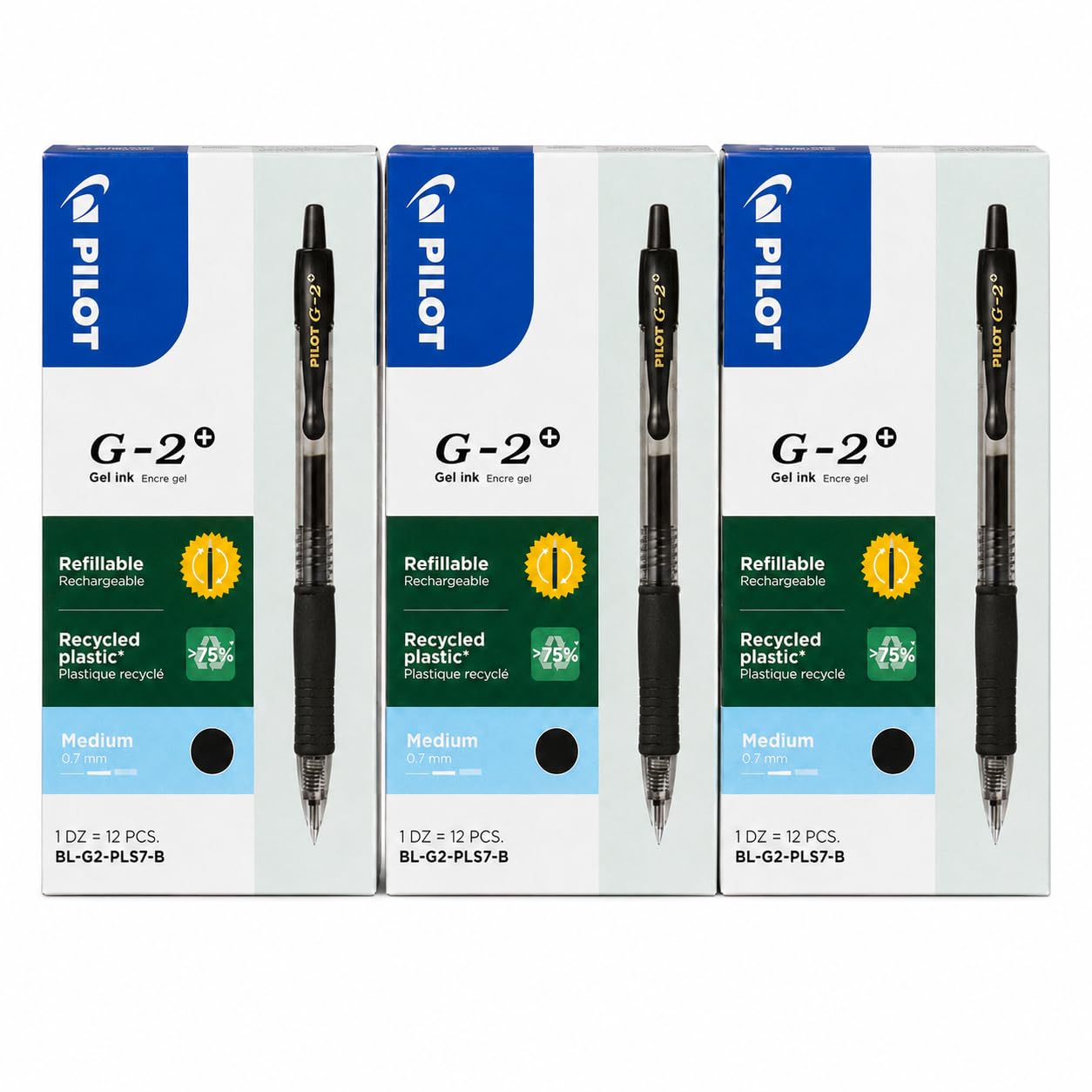 PILOT G-2+/Plus 0.7 Negro – Pack de 3 Cajas de 12 Bolígrafos Gel, 36 Bolígrafos en Total Tinta Negra
