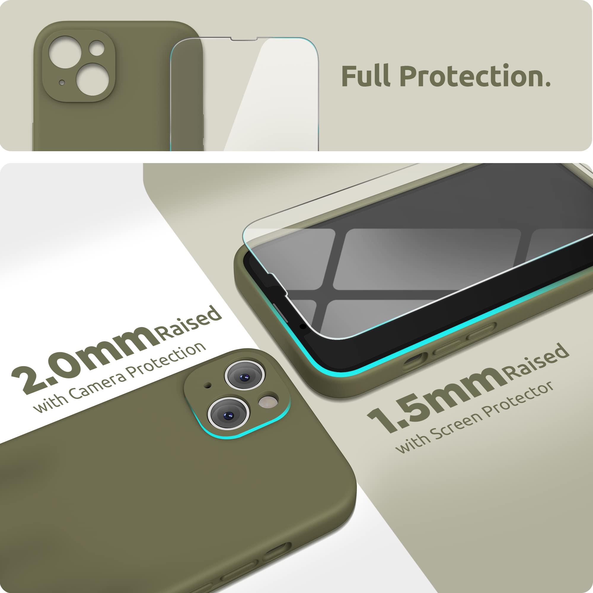 SURPHY Cover per iPhone 13 con Vetro Temperato (6,1"), Custodia per iphone 13 Silicone con Protezione Fotocamera, case protezione Completa,Antiurto, Morbida Microfibra Antigraffio (Verde kaki)