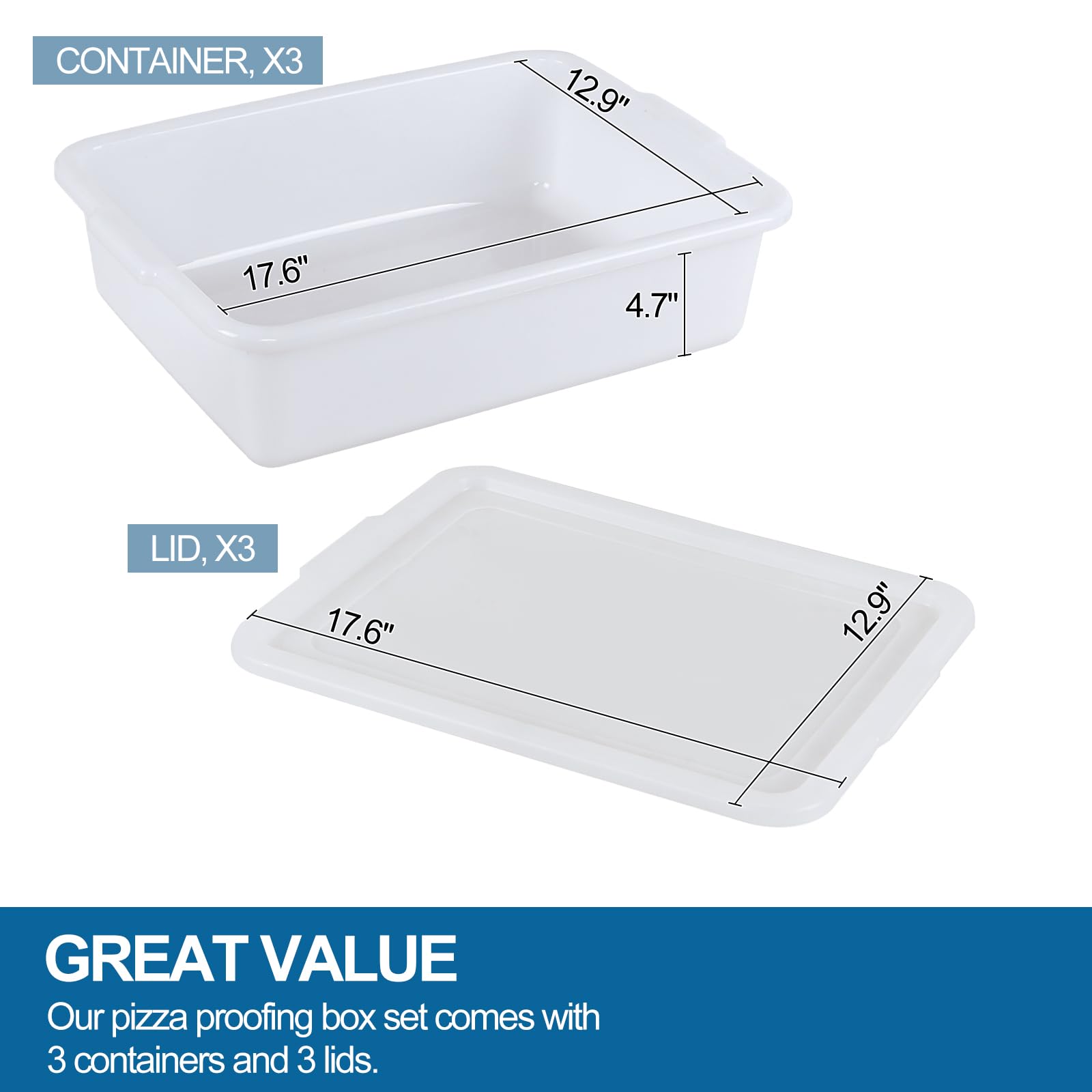 Scatole per lievitazione, in plastica bianca, perfette come scatola per lievitazione del pane e contenitore per impasti (45 x 32 x 12,9 cm), 3 vassoi e 3 coperchi