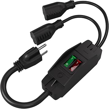 2-Way 3 Prong Extension Cord with Switch ON/Off, Heavy Duty Outdoor Extension Cord Splitter with One NEMA 5-15P Plug and Two NEMA 5-15R Receptacles, Black,1.6FT