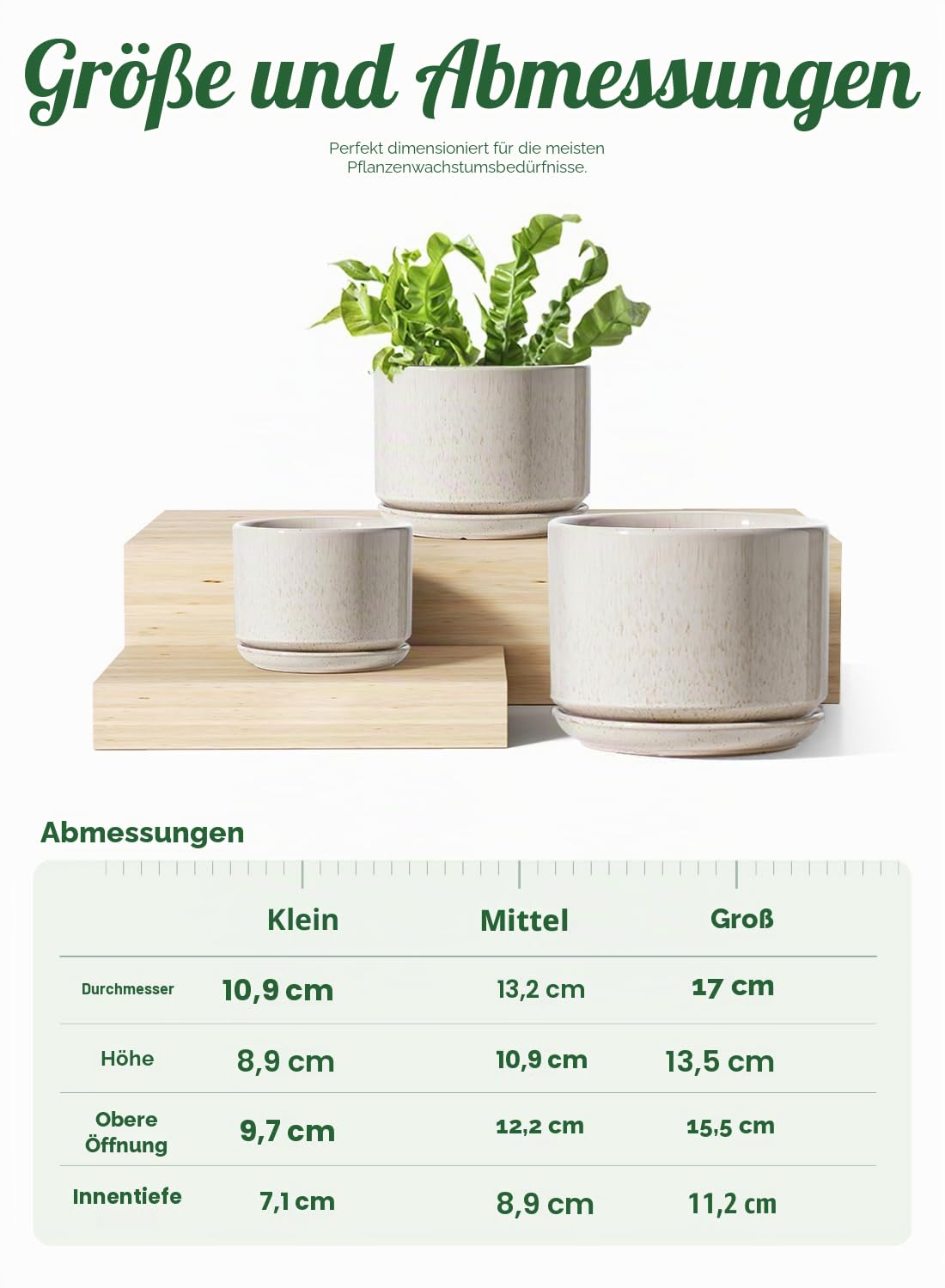 LE TAUCI Keramik Blumentopfe, 11+13+17 cm Durchmesser Klein Übertöpfe Set, Blumentopf für Zimmerpflanzen mit Untersetzer und Abflussloch, 3er Pack, Reaktive Glasur Beige