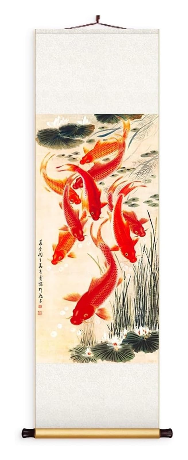 Chiński obraz z dziewięcioma rybami, ręcznie robiona sztuka wisząca na jedwabiu, orientalny mural Feng Shui, pomysł na kreatywny prezent(Creamy White A,50L x 158W cm)