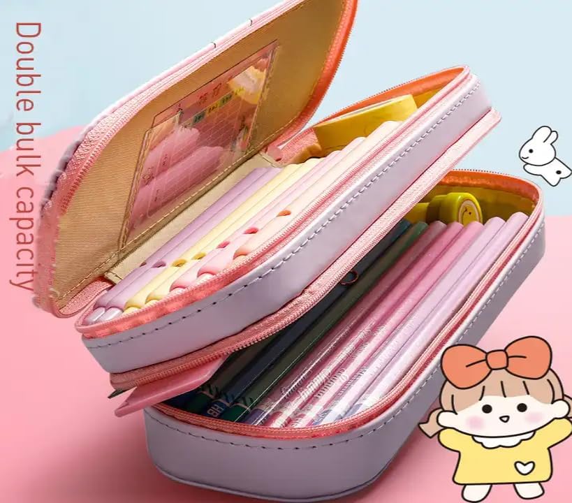 Image of PU Leather Pencil Case with Zipper, Large Capactiy Pouch Stationary Bag Storage Bag Makeup Bag for School, Office (Pink)