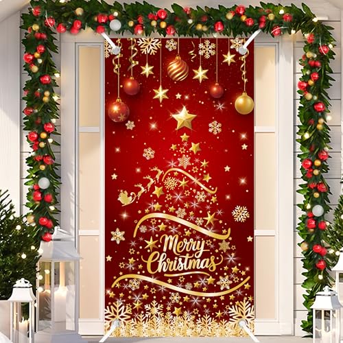 Christmas Door Cover 35.4 x 70.9 Inch Golden Xmas Tree Door Banner Snowflake Doors Hanging Backdrop Photography Background for Xmas Winter Holiday Front Porch Indoor Outdoor Party Decorations