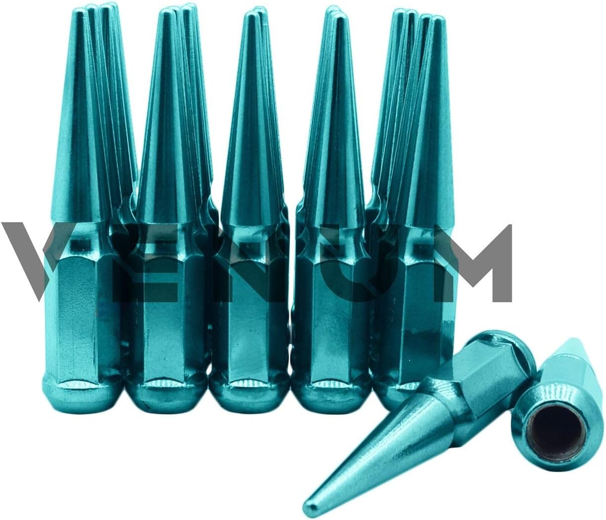 Venum wheel accessories 32 Pc Candy Teal Spike Lug Nuts Powder Coated | Steel | 4.5" Tall | M14x1.5 Thread Pitch + 1 Key Works with Ford F-250 F-350 Aftermarket Wheels