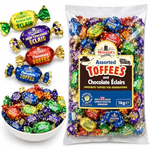 Image of Walkers Assorted Toffees & Chocolate Eclairs Bulk Bag 1kg | Traditional Creamy Toffee & Chocolate-Filled Eclairs | Assorted Individually Wrapped Sweets