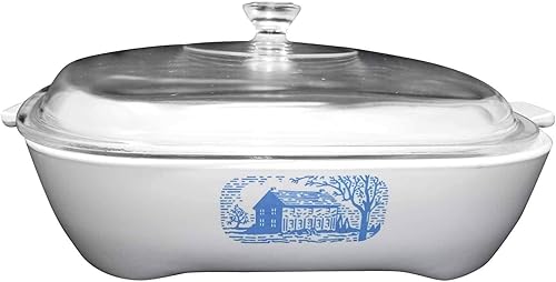 Vintage Corning Ware Amana Radarange White w/Blue Colonial House 9 1/2 pulgadas Browning Skillet Cacerola Bandeja para hornear con tapa USA