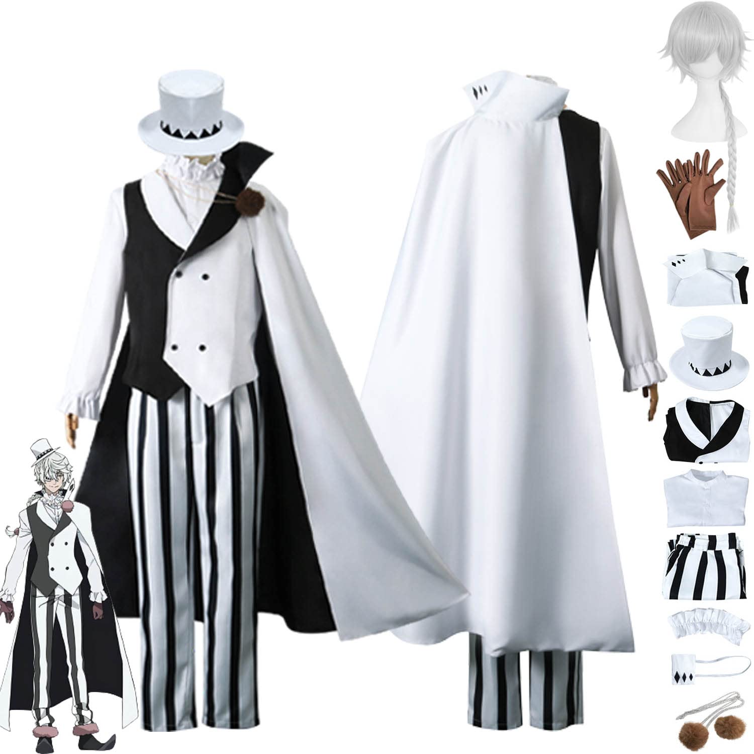 TjmiaohaoAnime Bungou Stray Dogs 4th Season Nikolai Gogol Cosplay Costume Outfit White Uniform Cloak Full Set Halloween Party Dress Up Suit with Hat Wig Eye Mask for Men Boys