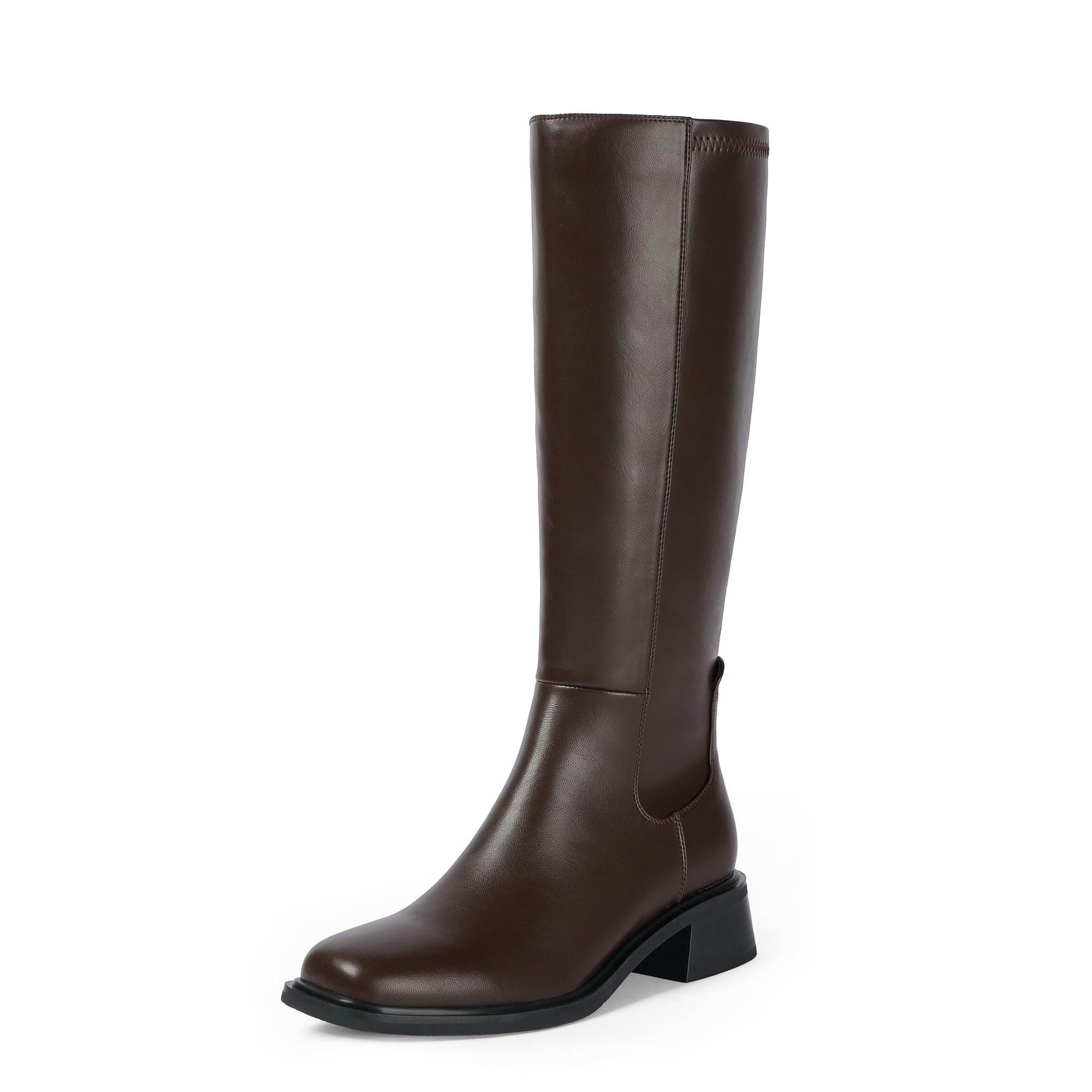 Knee High Boots Women Faux Leather Elastic Boots Low Heel Square Toe Side Zipper Fall Long Tall Boots