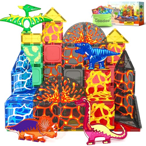 Coodoo Dinosaur Toys Magnetic Tiles Lava Dinosaur World Set - Magnetic Blocks Building for Kids 3-5 5-7 Girls Boys Toy Age 4-6 6-8, Classroom Must Haves Toddler Sensory for 3+ Year Old Kids Toys