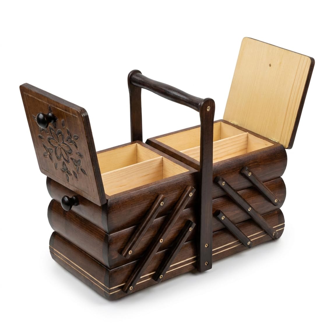 NICIARKA DREWNIANA rozkładana kuferek krawiecki organizer 34x18x26 cm brąz
