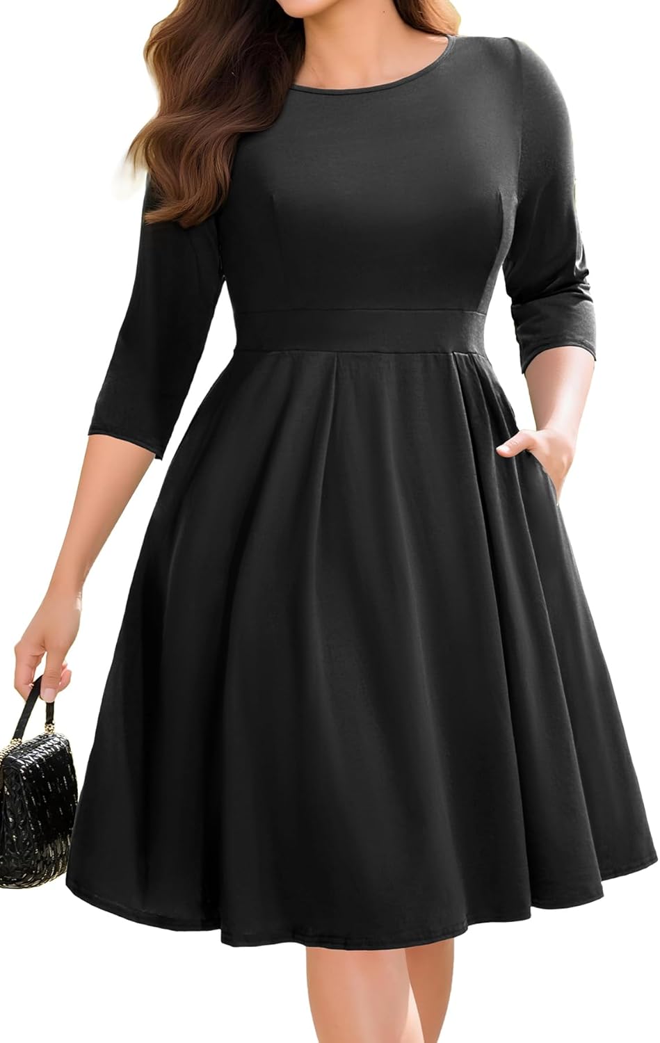 Pinup Fashion Plus Size Work Dresses - Fall Church Office Semi Formal Fit and Flare Midi Dress with Pockets - Image 4