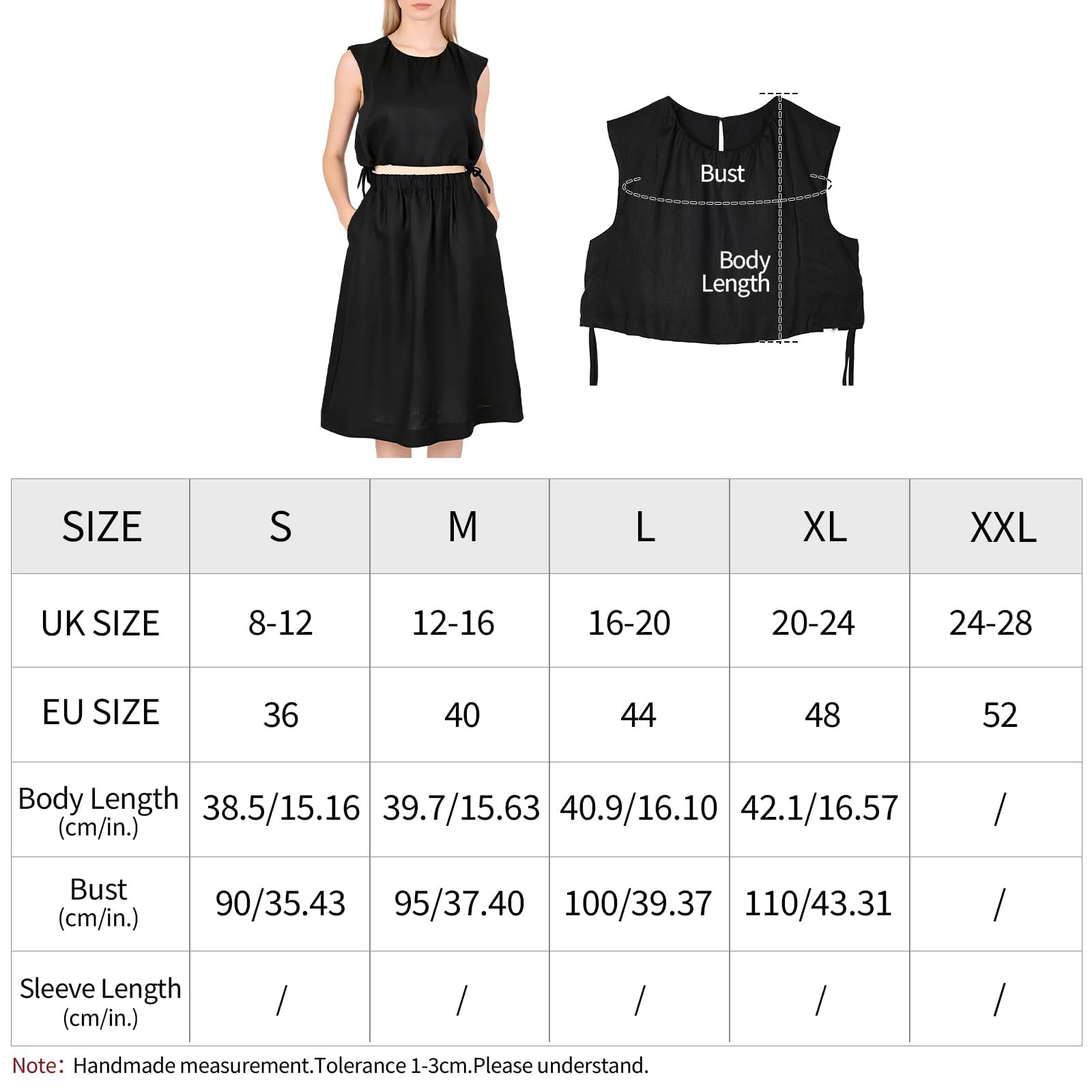 Amazhiyu Abito da donna in 100% lino, due pezzi, top corto e gonna midi con tasca