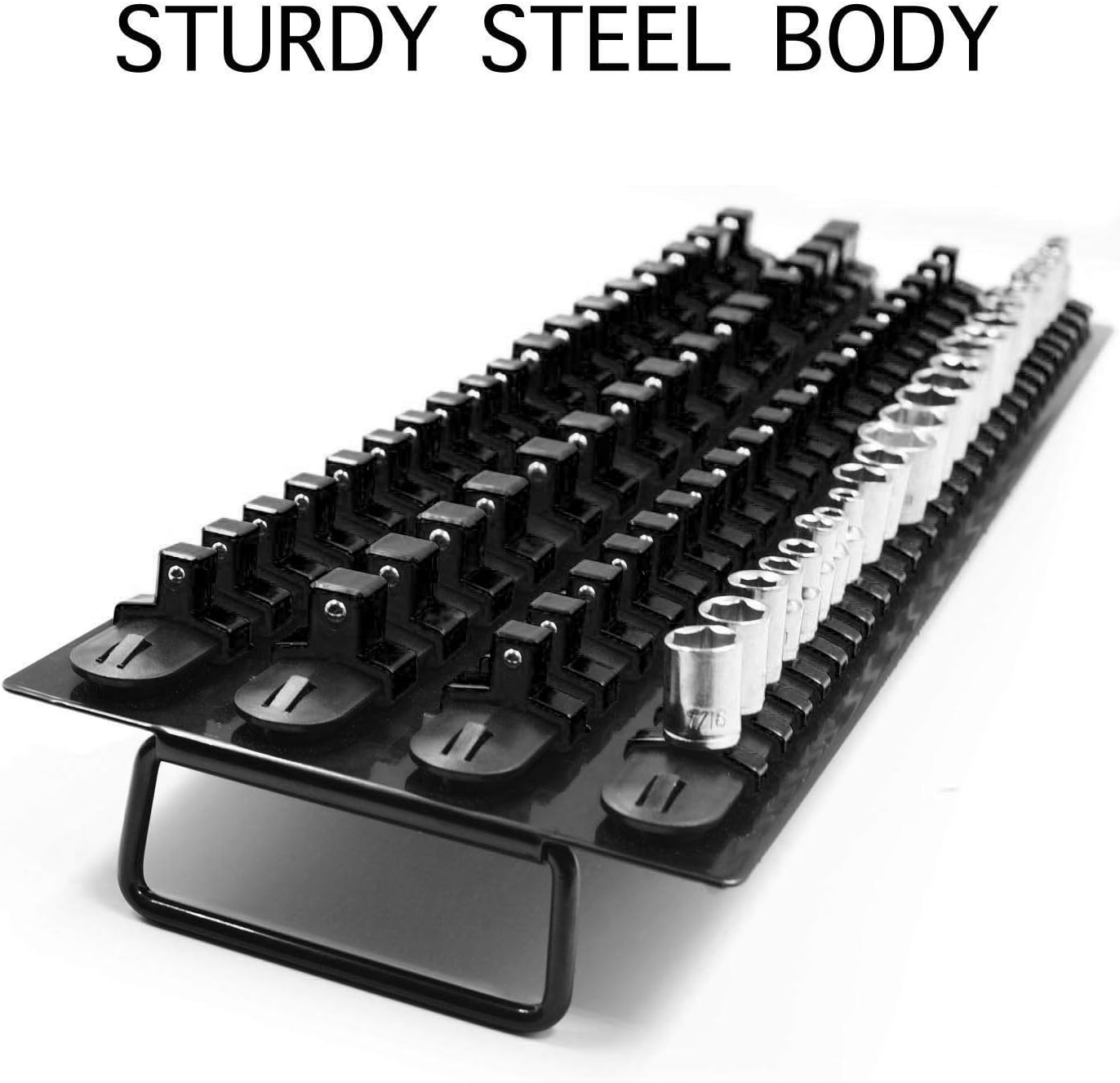 80-Pcs Iron Premium Quality Adjustable Socket Holders, Portable Socket Organizer Tray, 1/4-Inch, 3/8-Inch, 1/2-Inch, Best Heavy Duty Socket Rail for Men Women, Black