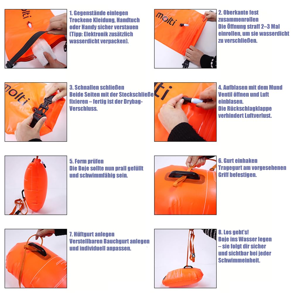 molti Bouée de natation gonflable 2 en 1 et sac sec -> 28 l pour adultes Baywatch Bouée Orange Sécurité pour la natation Open Water et Triathlon