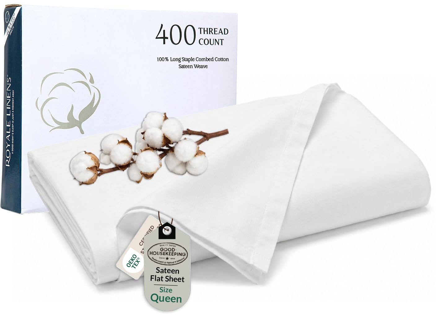 Royale Linens Queen Flat Sheet Only, Luxury Breathable Sateen Weave 100% Cotton Flat Sheets, Ultra Soft Single White Flat Sheet Sold Separately, Cooling Top Sheets (Signature White-90x102)